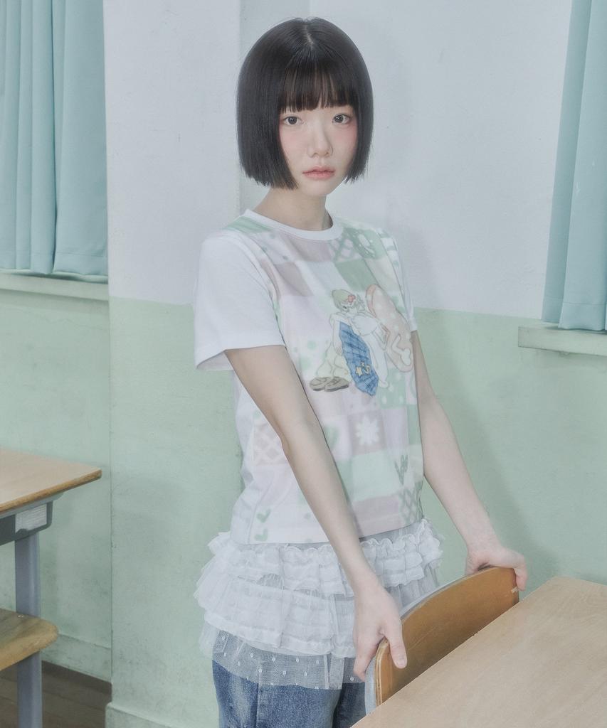 VIDEO JOCKEY [Gyeonggye X Video Jaki] Patchwork Print T-Shirt [Pink]