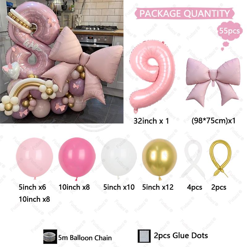 55pcs Bow Balloon 32 Inch Pink Number 1-9 Birthday Balloon Set Birthday Atmosphere Arrangement Festival Party Decoration
