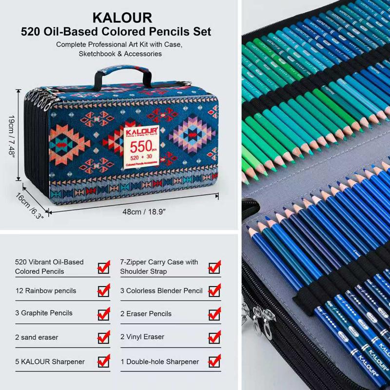 KALOUR 550 шт. Цветные карандаши Набор в сумке на молнии с плечевым ремнем Яркие цвета На масляной основе Мягкий стержень Профессиональный набор для рисования эскизов Дорожный подарок