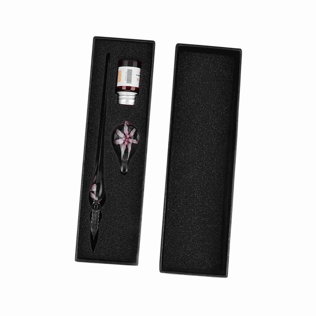 Retro Elegant Flower Glass Dip Pen Signature Ink Fountain Pen with Ink Penholder Pink