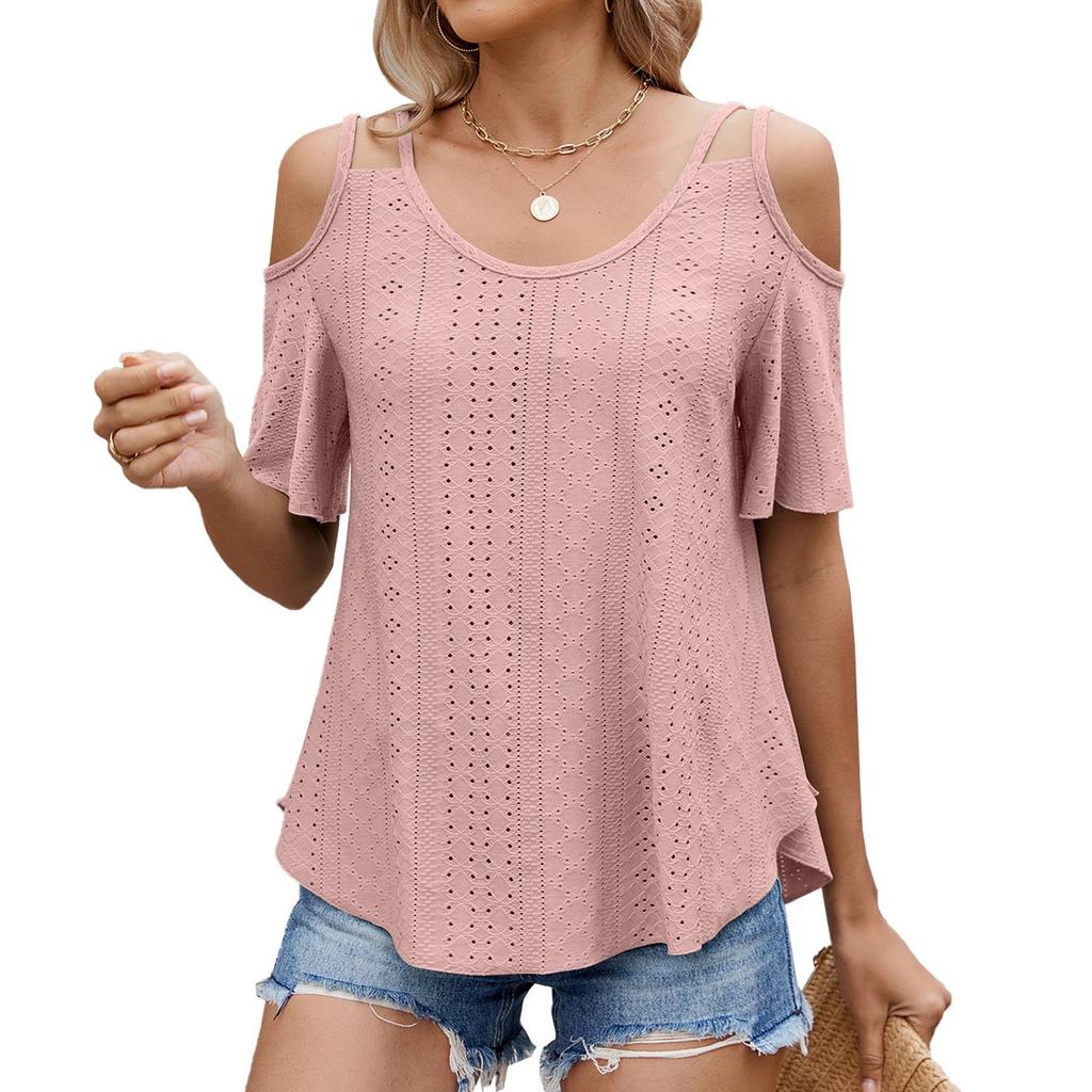 Женская мода однотонный ажурный короткий рукав круглый вырез повседневный пуловер футболка топ