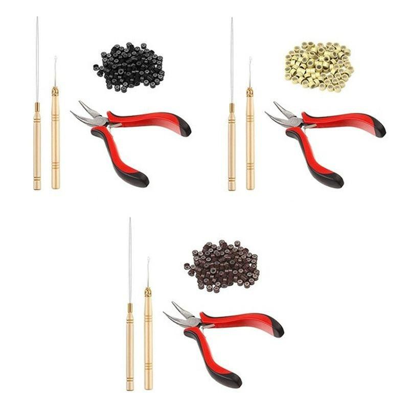 Hair Extension Kit Pliers Pulling Hook Bead Device Tool Kits with 500pcs Silicone Rings LS
