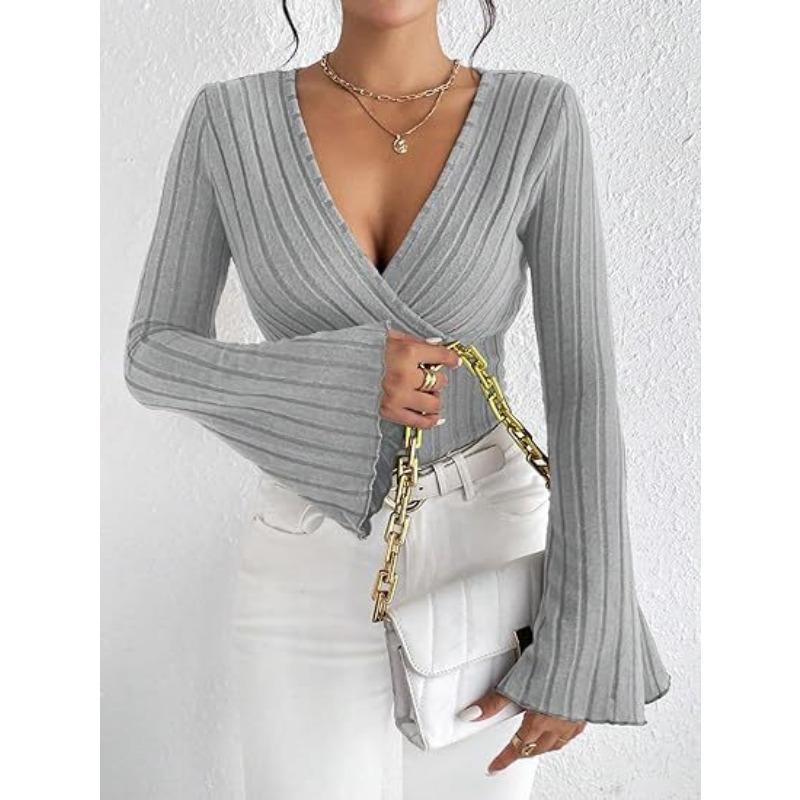 YYFS Women's Fashion Casual Spring Fall Solid Color Print Long Sleeve V-Neck Blouses & Shirts