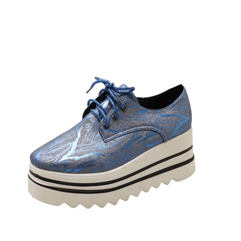 Мода Мода Платформа Одинарная Обувь Осень Новые Круглый Носок Шнуровка Спереди Блестки Противоскользящий Каблук Низкий Верх Женская Обувь