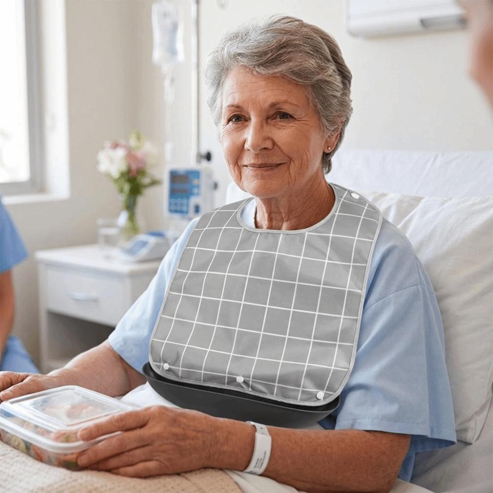 Plaid Pattern Elderly Bib Waterproof Eating Smock Easy Clean Mealtime Bib Elderly Care