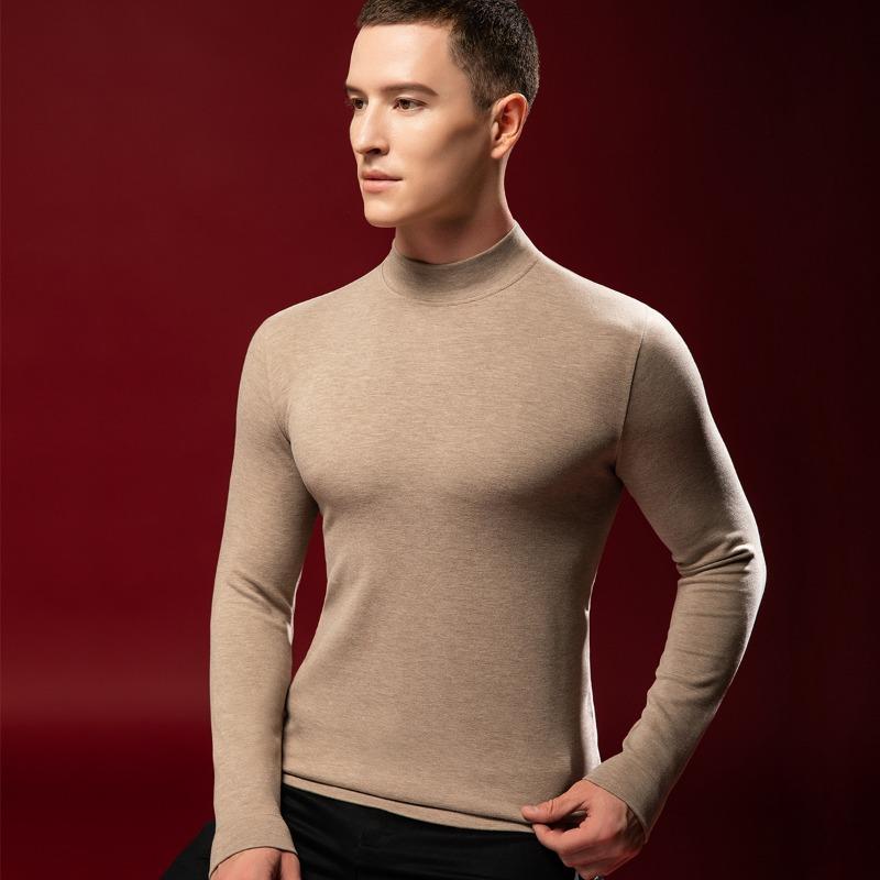 Fleece Heating Semi-turtleneck Bottoming Shirt Men's Long-sleeved T-shirt Top Thermal Underwear Silk Wool Autumn Clothes