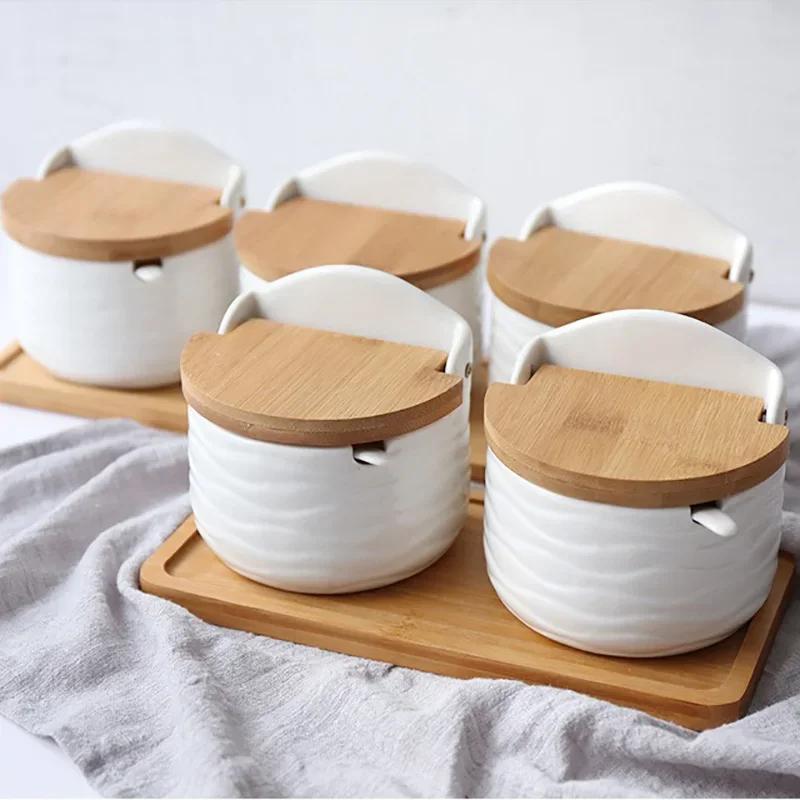 Japanese Style Ceramic Seasoning Jar Set Wood Lid Bamboo Tray Base Spice Jar with Spoon Home Sugar Salt Spices Storage Container