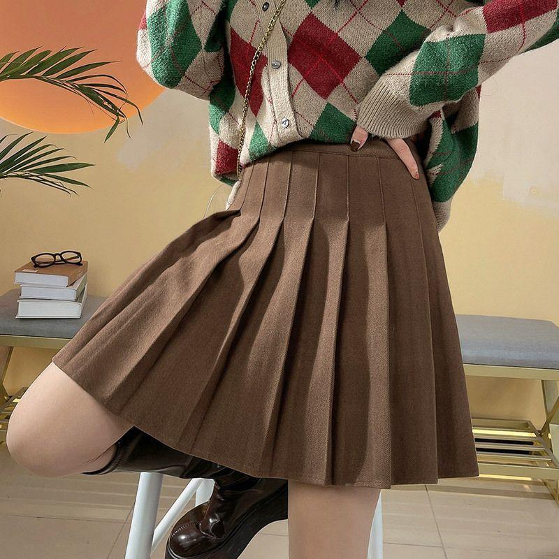 Women's High Waist Woolen Pleated Skirt, Autumn and Winter Ladies' A-line Skirt