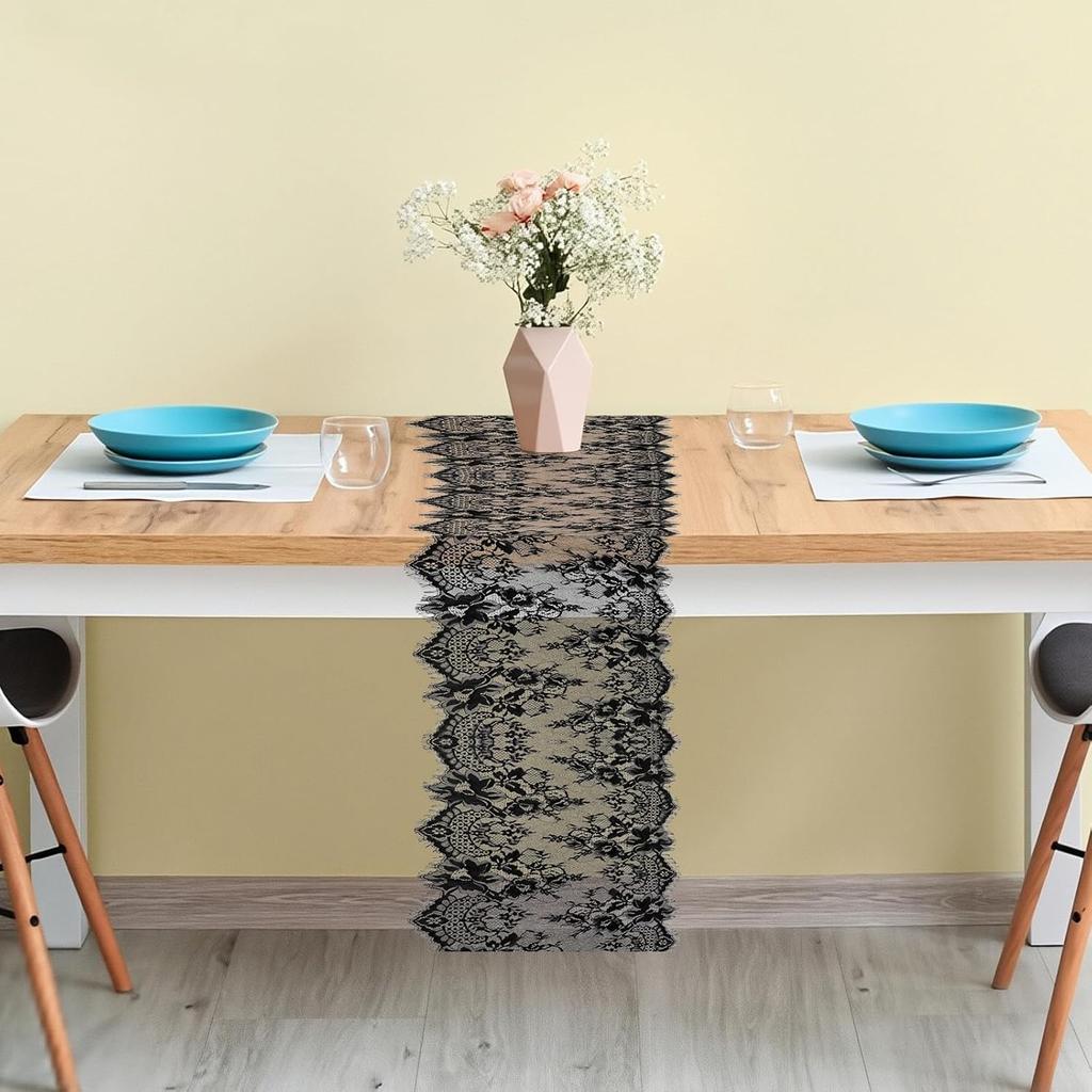 Black Lace Table Runner - 14x118 Inch Black Lace Tablecloth Elegant Vintage Table Runner for Gothic Boho Wedding Decor, Romantic Party Anniversary