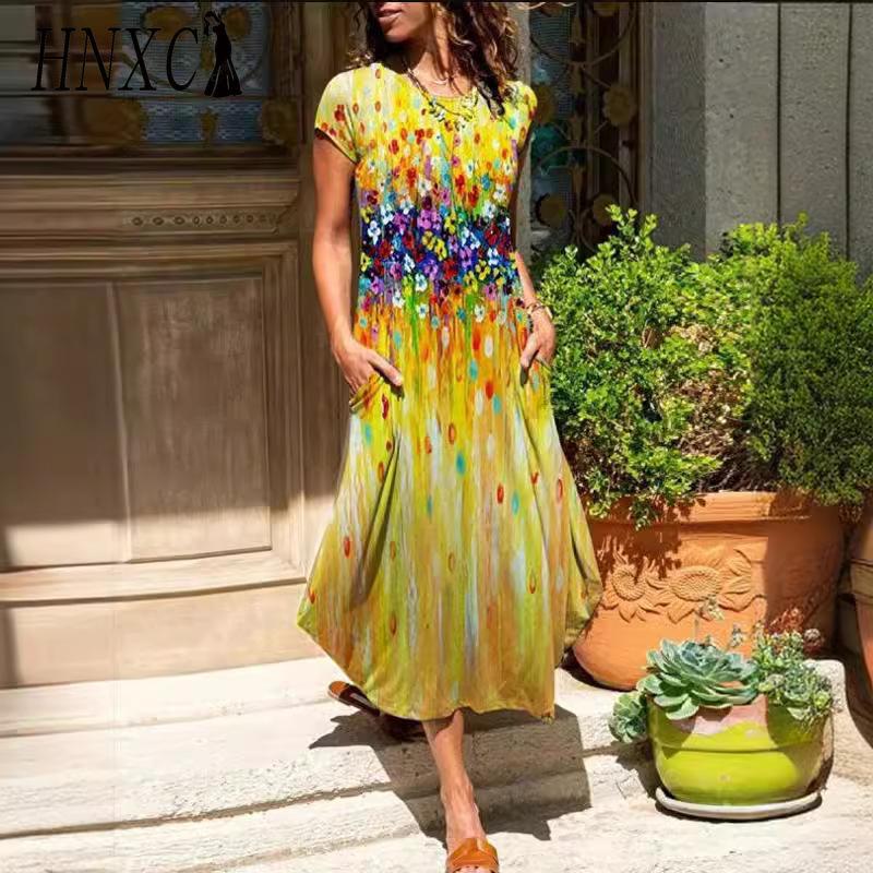 HNXC Женская мода лето весна однотонный принт с коротким рукавом и круглым вырезом с высокой талией повседневные платья