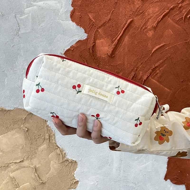 1pc Cherry Embroidered Pattern Storage Bag Large Capacity Women's Cosmetic Bags Portable Travel Storage Bag Pencil Case Handbags