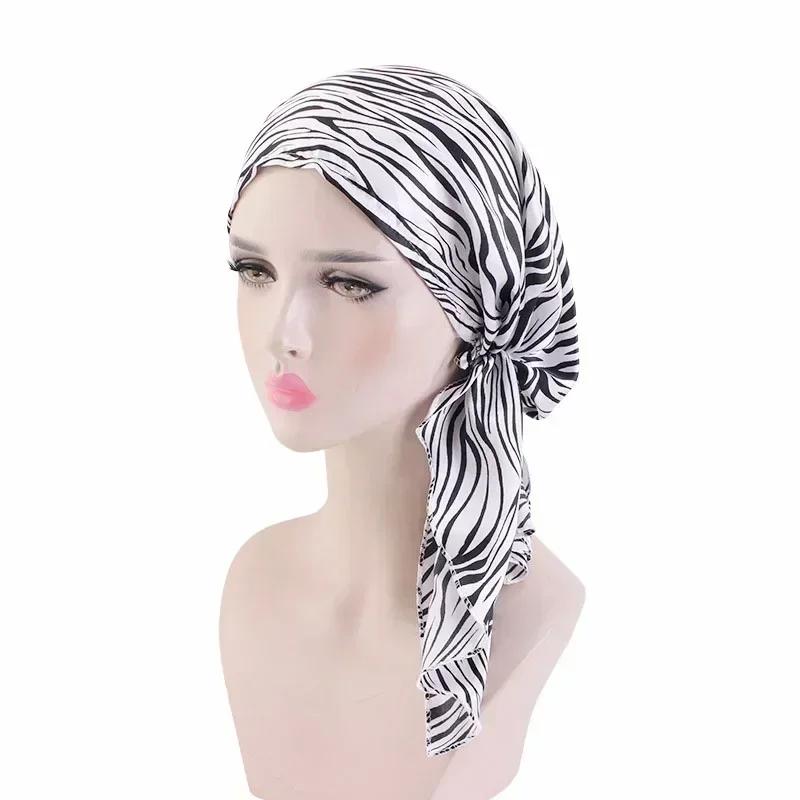 New Shimmer Pre-Tied Hat Women Muslim Hijab Turban Long Tail Headscarf Beanies Bonnet Hair Loss Chemo Cap Head Wrap Bandanas