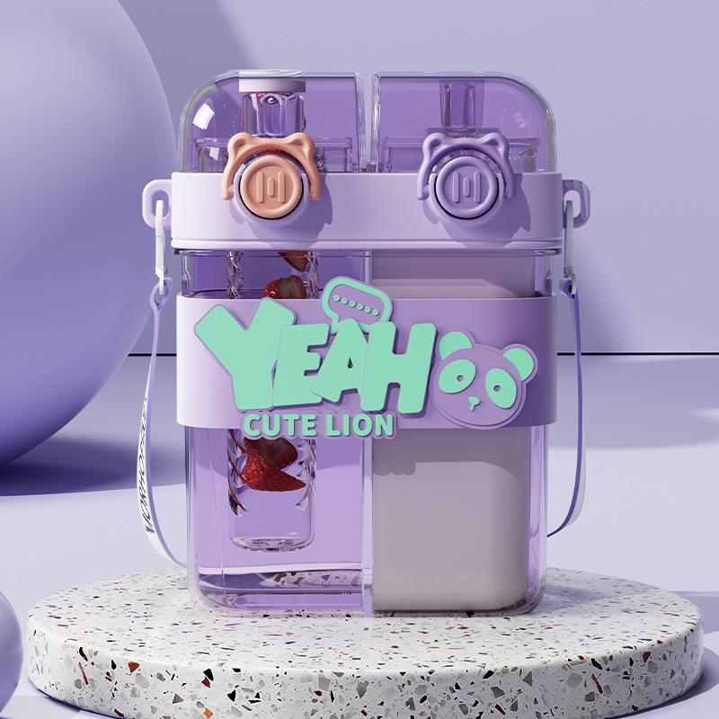 Grid Large-capacity Double Drinking Cup Children's Water Cup Student with Straw Drinking Cup Cartoon High-value Outdoor Portable Cup