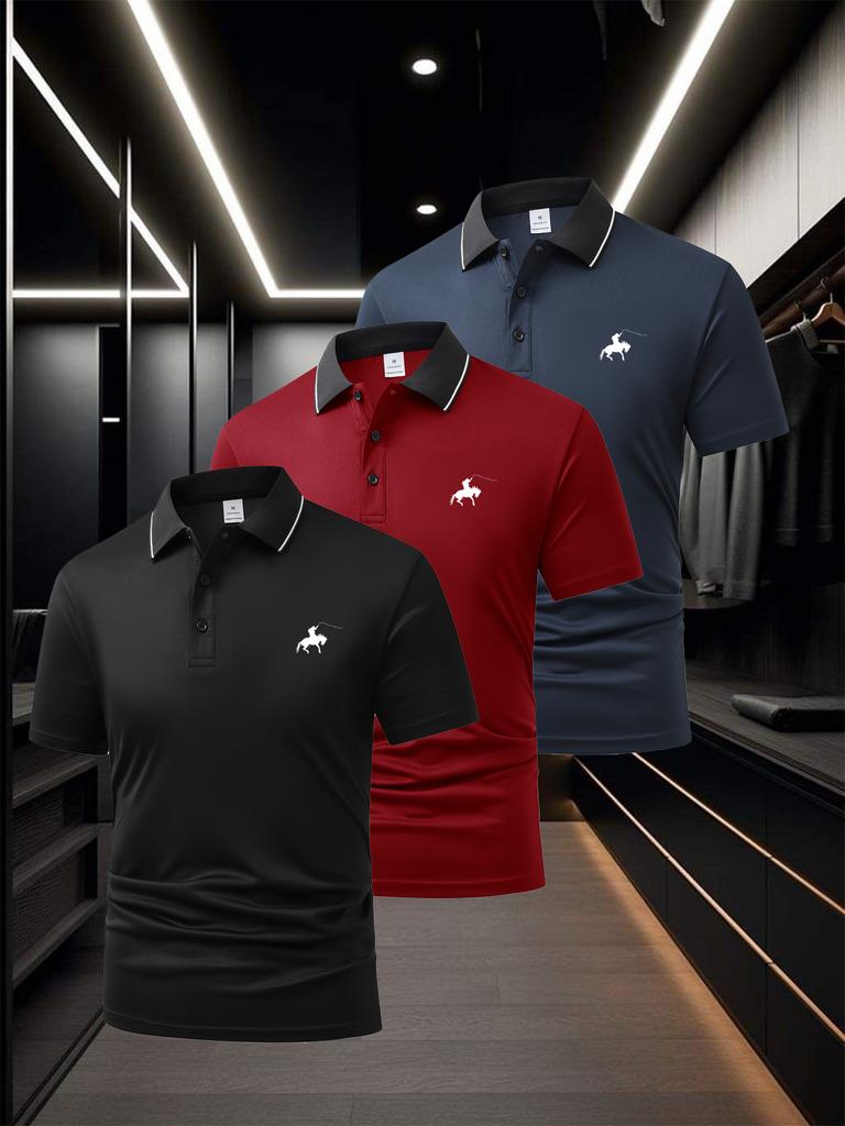 Men's Piped Trim Short Sleeve Polo Shirt, Breathable Sweat Wicking Golf Tops, Regular Fit for Course Walk Outdoor Meetup Commute Wear