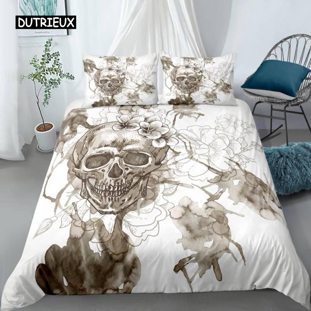 Skull Duvet Cover Set Queen Black Skeleton Paisley Floral Pattern Bedding Set for Teen Adult Polyester Halloween Comforter Cover