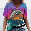 Women's T-Shirts Dolphin Print Tops V Neck Fashion Female Vintage Clothing Aesthetics Tees Loose Oversized Funny T Shirts