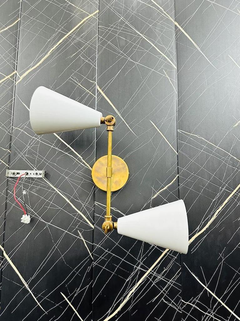 Mid-Century Modern Brass Wall Sconce: Double Cone Vanity Light