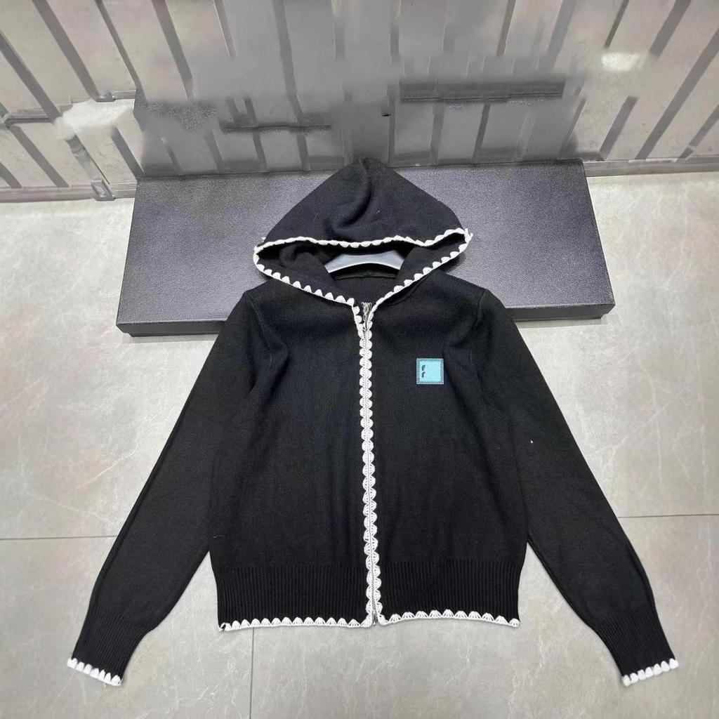 Miu Style Hooded Zip-Up Knit Cardigan - New Arrival for Autumn/Winter, Block Wave Edge, Loose Fit, Versatile Top