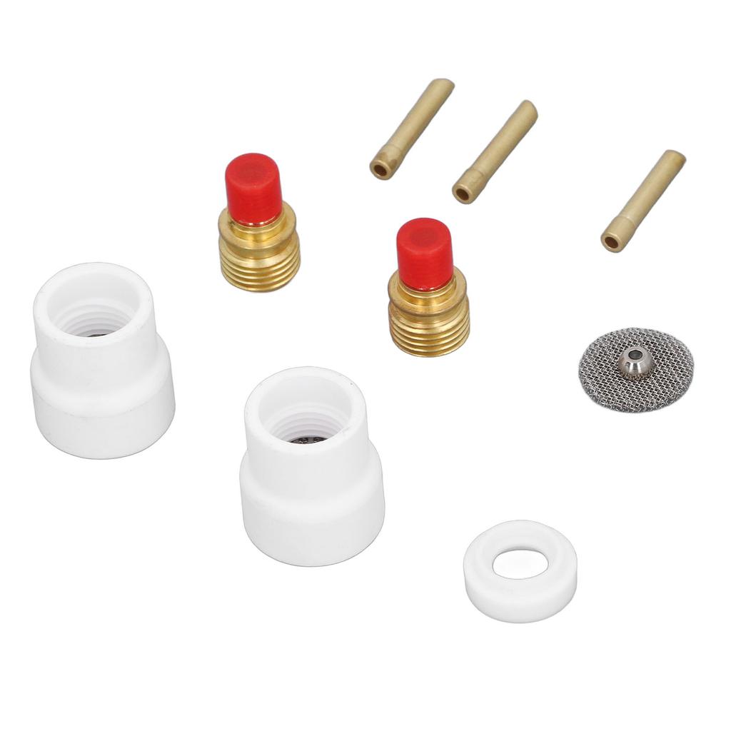 Комплект из 12 предметов: газовая линза для сварки TIG, керамическое сопло, держатель электрода с коротким скосом, сетчатый разъем, передняя часть из ПТФЭ