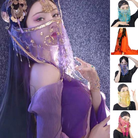 Фата для выступлений, прозрачная сетка, блестки и бисер, декор для танца живота, этническая фата для лица в стиле ретро, ханьфу, реквизит, костюм на Хэллоуин, аксессуар