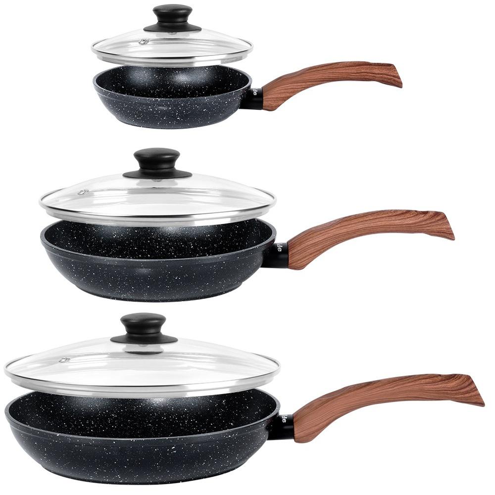 Set Of Granite Frying Pans With Glass Lids Black&Wood 16 / 20 / 24 Cm 3 Pcs.