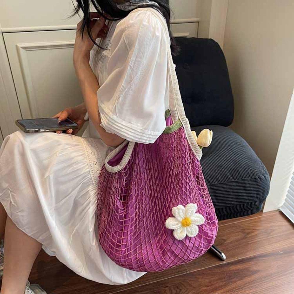 Polyester Hollow Woven Shoulder Bag Large Capacity Summer Beach Tote Bags  Clothes Storage