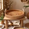 Handmade Rattan Round Tray with Double Handles -Perfect for Serving Tea, Fruits, Bread & Snacks,Ideal for Kitchen & Dining Decor