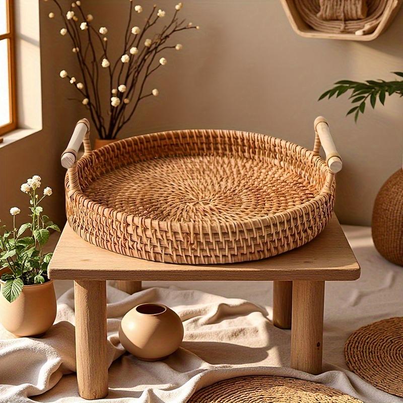 Handmade Rattan Round Tray with Double Handles -Perfect for Serving Tea, Fruits, Bread & Snacks,Ideal for Kitchen & Dining Decor