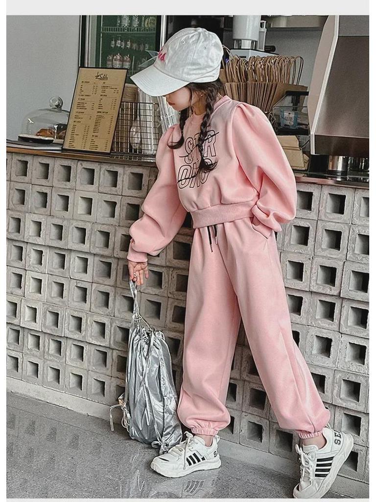 2024 Корейский стиль Комплект из спортивной толстовки и спортивных штанов для девочек - Осень/Весна, комплект из двух предметов для больших детей