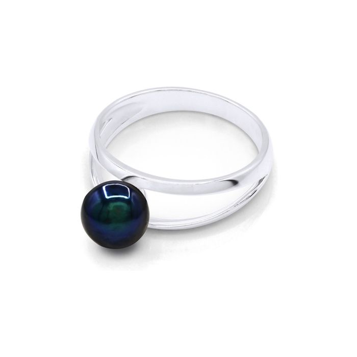 Bague - Pearls & Colors - Perle de Culture d'Eau Douce 8-9 mm Bouton - Perle Noire - Argent 925 - Qualité AAA+ - Femme