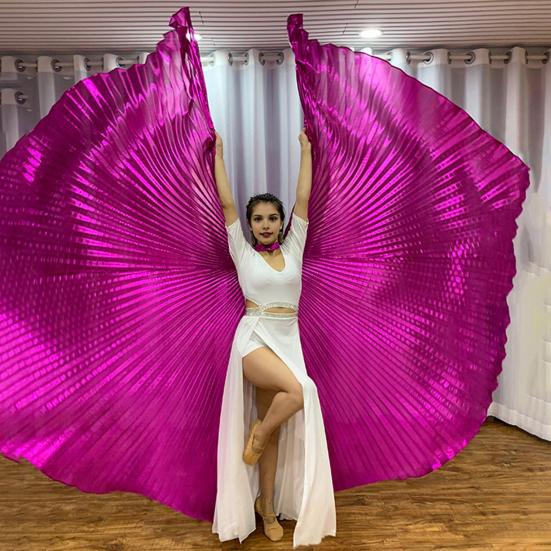 1 Set Performance Telescopic Rod 360 Wings Egyptian Degree Belly Dance Cape with Costume Pleated Bright