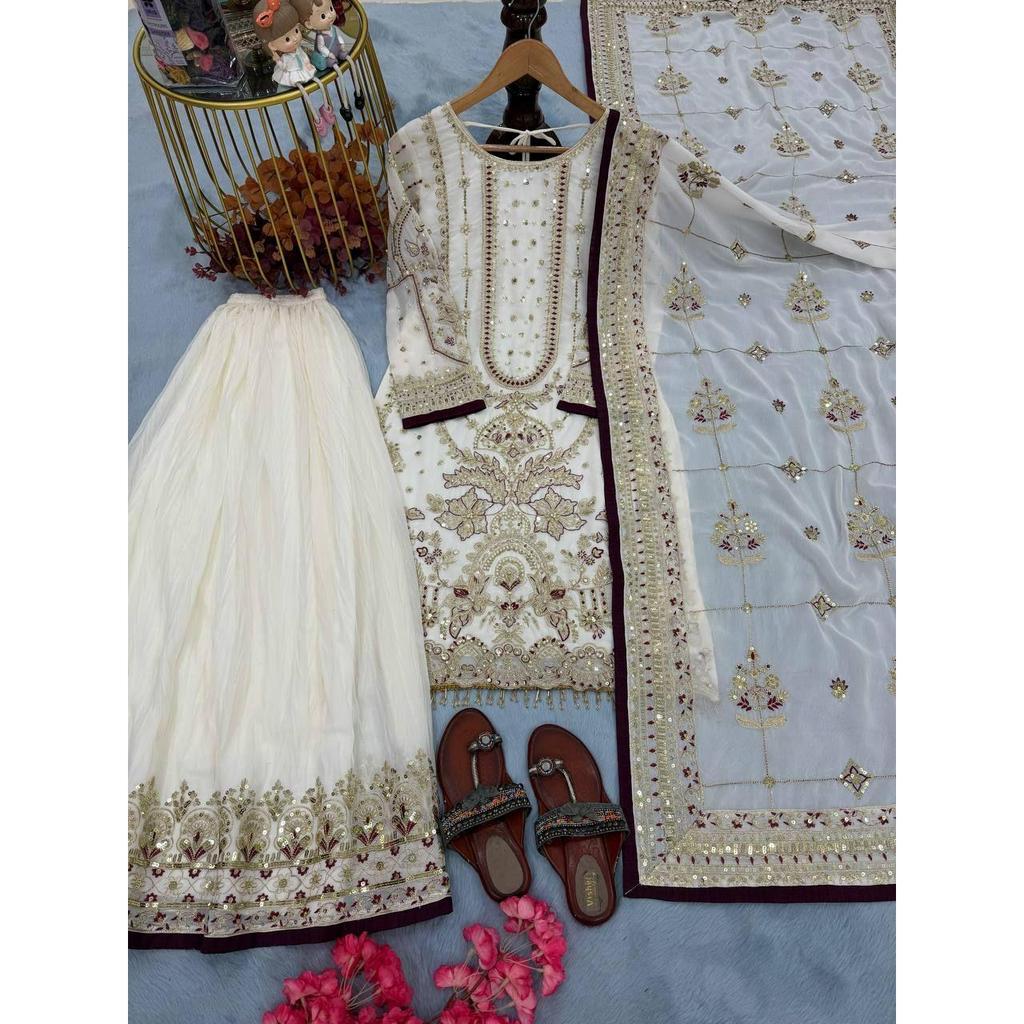 Launching New  Đěsigner Party Wear Look Pur Heavy Faux Georgette Top Plazzo & Dupatta Set*