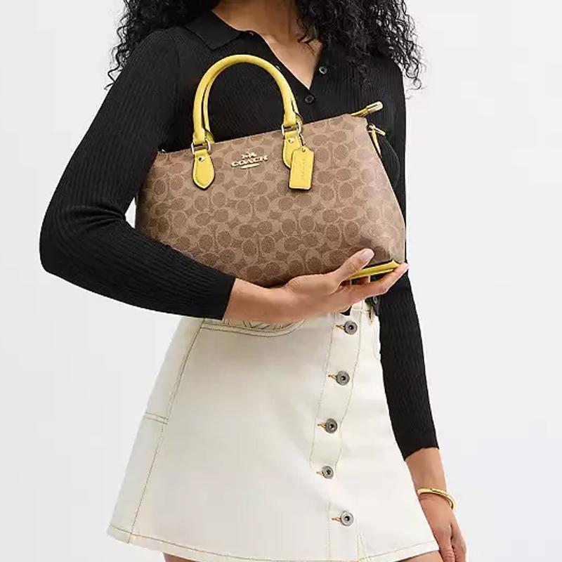 Coach Коричневая холщовая сумка-портфель с желтой кожаной отделкой, трансформируемая, для повседневного использования