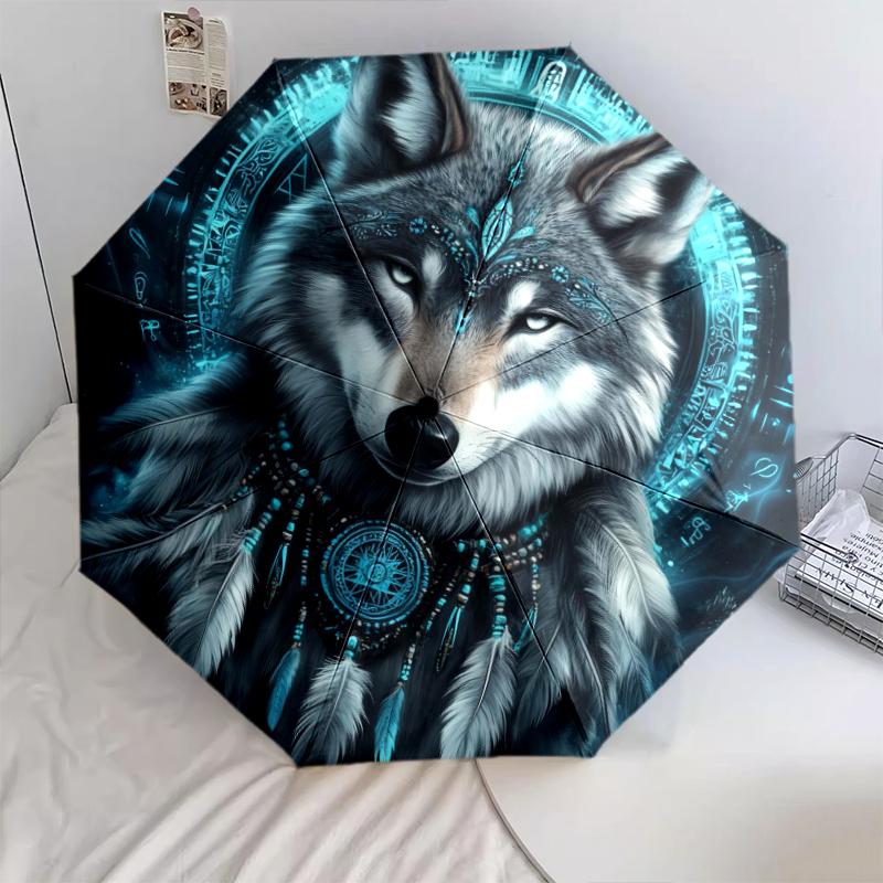 1 шт. Автоматический складной зонт - Красивый узор с волком, Портативный и складной дизайн с 8 спицами, Рождественские и новогодние подарки