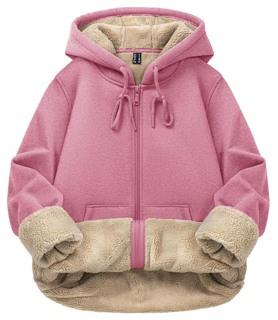 Sweatshirt for Winter Ribbed 2XL [TACVASEN] Women, Zip-up, Casual, Fleece, Thick, Wear, Cuffs, Warm, Soft, Relaxed, Sportswear, Running, Pink,