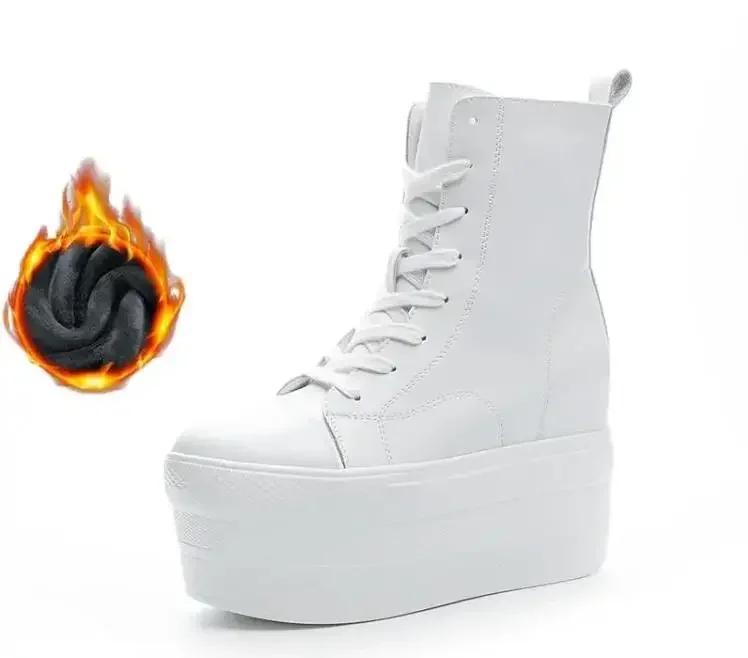 Модные осенние ботинки из натуральной кожи на платформе и танкетке с супер толстой подошвой 10 см и скрытым каблуком, на молнии, зимние ботильоны до щиколотки, теплые