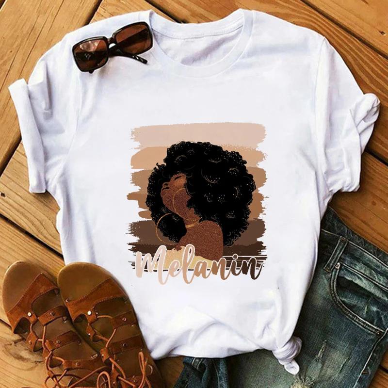 Футболка с модным принтом Kawaii Melanin T Shirt Women Funny Black African Curvy Hair Girl Graphic Tees Aesthetic T Shirt Female Unisex