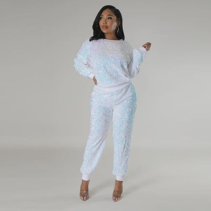 Европейский и американский женский костюм-двойка с длинными рукавами и пайетками - мода осень/зима для вечеринок и отдыха