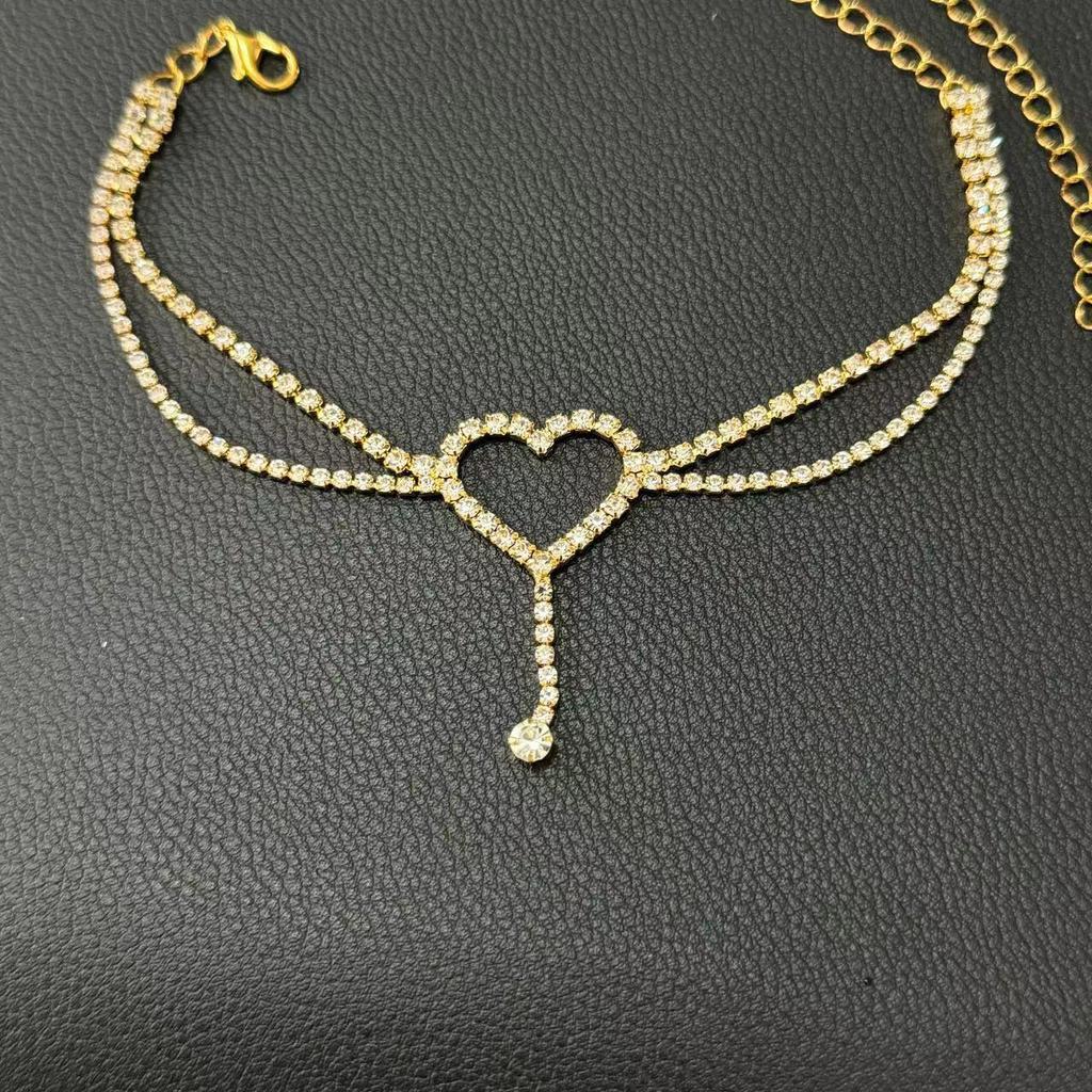 Full Diamond Rhinestone Heart Beach Anklet with Tassel