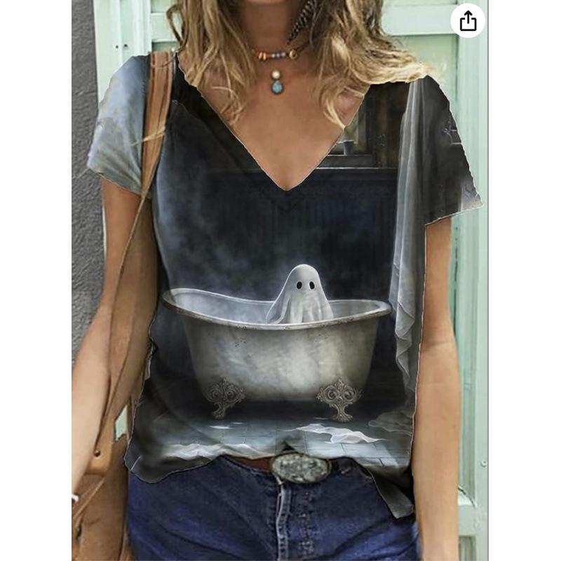 Футболки с принтом «Призрак, кот, Хэллоуин» с 3D-принтом, женская мода, футболка с коротким рукавом и V-образным вырезом, топы Y2k, футболки Harajuku большого размера, женская одежда