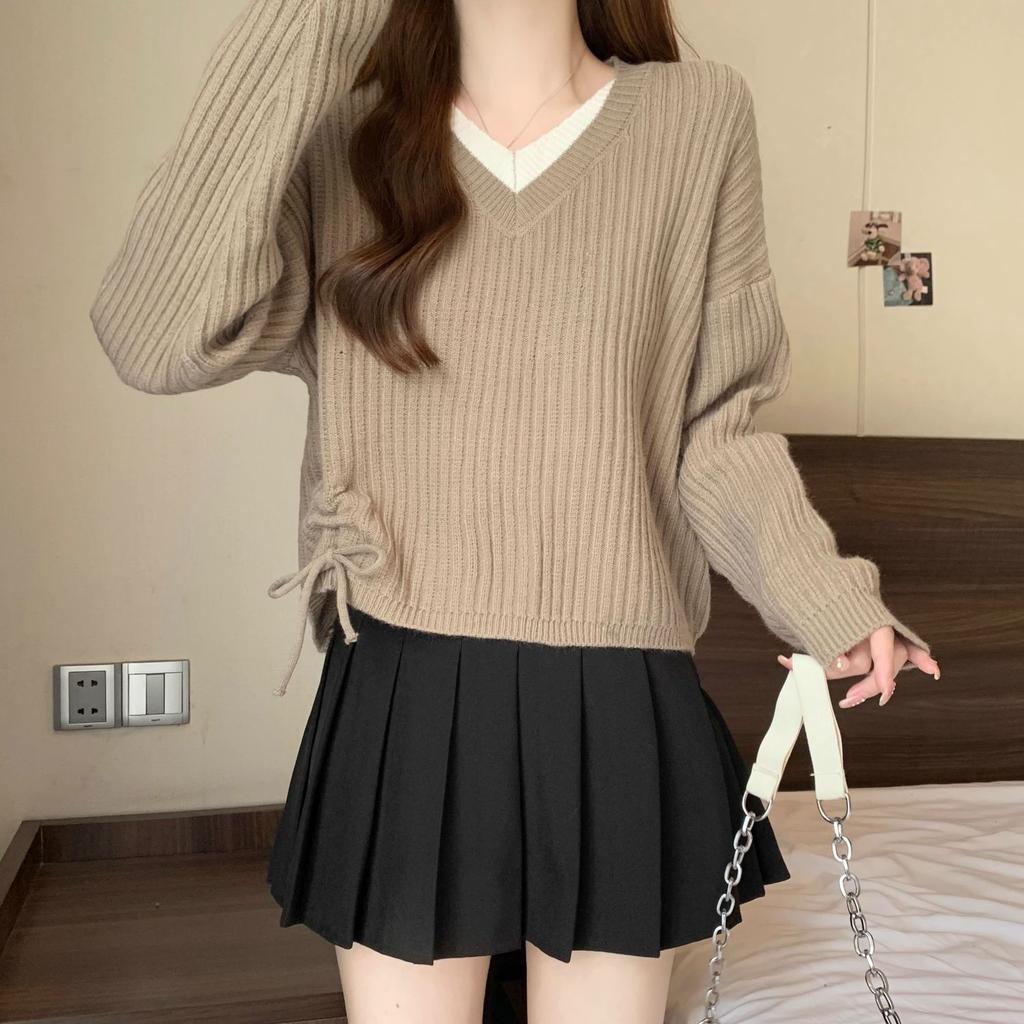 Knitted Sweater Women's Autumn Winter Versatile Slimming V-neck Long Sleeved Fake Two-piece Drawstring Sweater