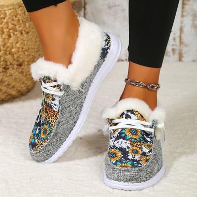 Женские зимние ботинки с плюшевой подкладкой, с принтом подсолнуха, удобные холщовые туфли без застежек, теплые ботильоны