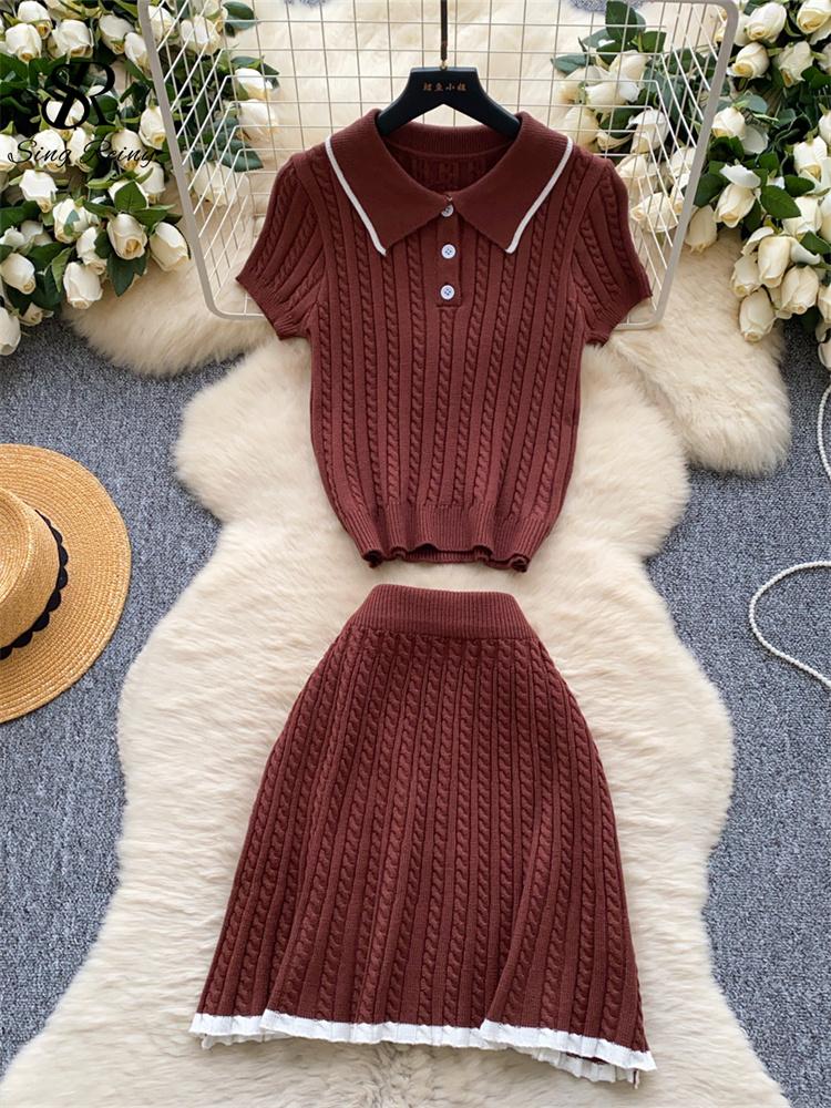 Модные трикотажные костюмы из двух предметов, обтягивающие рубашки поло с короткими рукавами и короткая юбка, женские простые летние комплекты