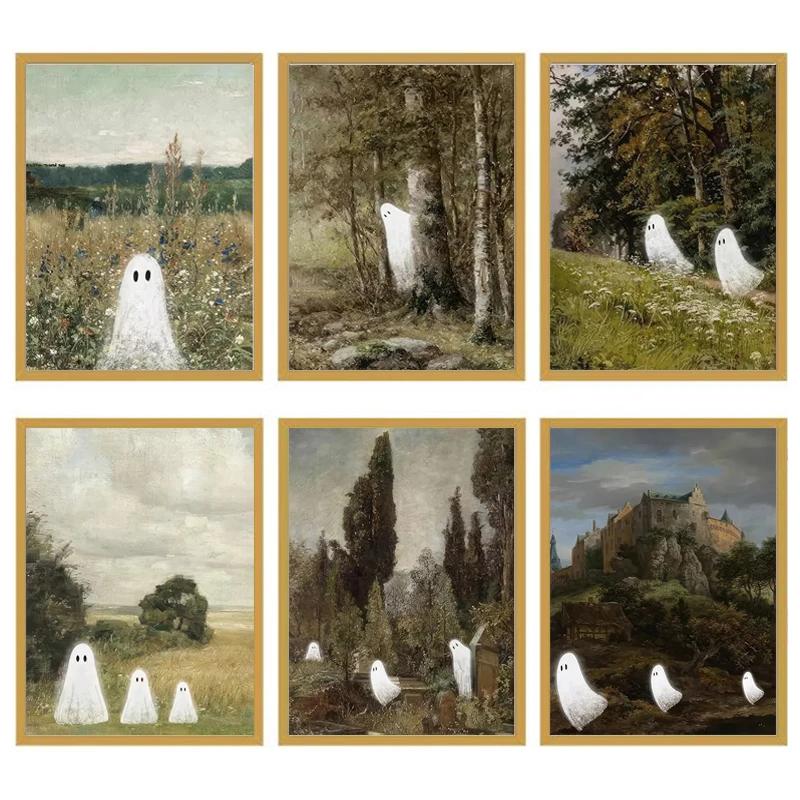 Halloween Horror Ghosts Black Cats Retro Landscape Canvas Prints Spooky Country Wall Art Posters for Living Room Home Decor