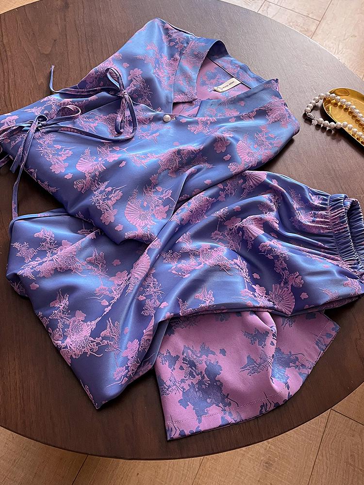 New Women's Spring/Summer Jacquard Silk Pajamas Set with Frog Buttons - National Style Mulberry Silk Thin Home Wear.