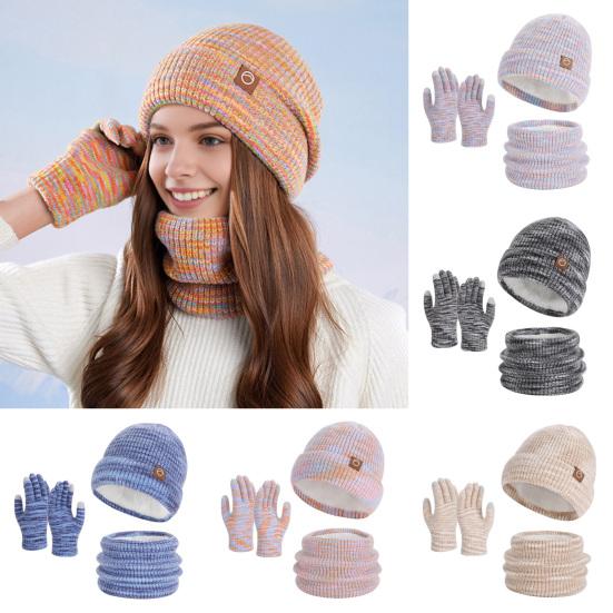3Pcs/Set Winter Hat Scarf Gloves Set Thickened Velvet Lining Colorful