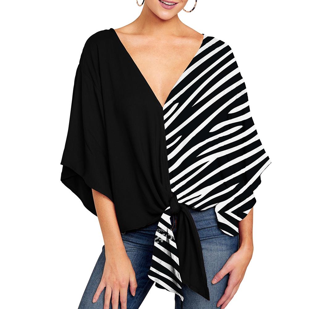 Womens V Neck Tie Knot Front Blouses Fashion Bat Wing Short Sleeve Tops Shirts