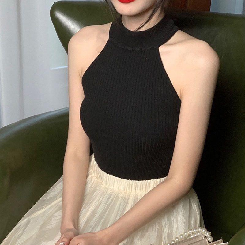 French Camisole Tank Top Women's Summer Outerwear Blazer Inner Base Layer Backless Cut-out Shoulder Halter Red Knitted Top