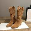 Fashion Women's Boots Hollow Embroidered Western Boots Retro Suede Cowboy Boots Chunky Heels Women Shoes Designer Rivet Mid-Calf Boot