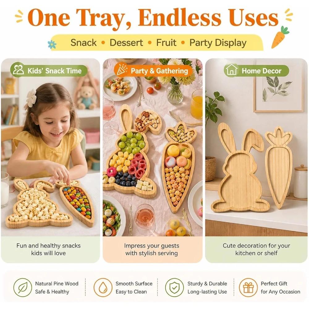 Easter Charcuterie Board Set 2PCS, Bunny and Carrot Wooden Serving Trays for Food, Rabbit Snack Platter for Party Hosting, Spring Holiday Table Decor